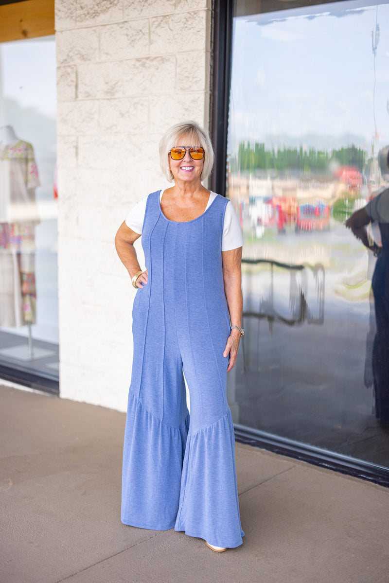 soft blue flowy leg casual jumpsuit