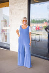 soft blue flowy leg casual jumpsuit