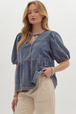 Entro Blue denim tiered babydoll top