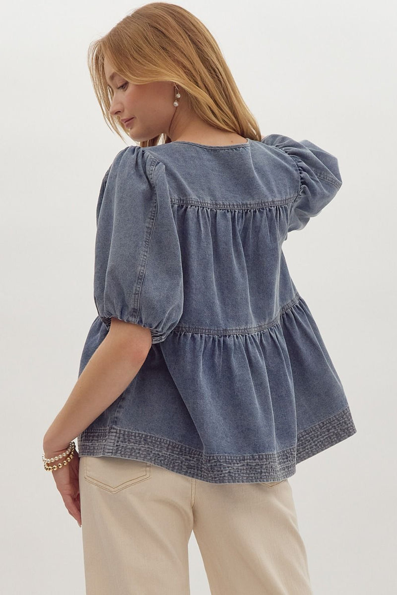 Entro Blue denim tiered babydoll top