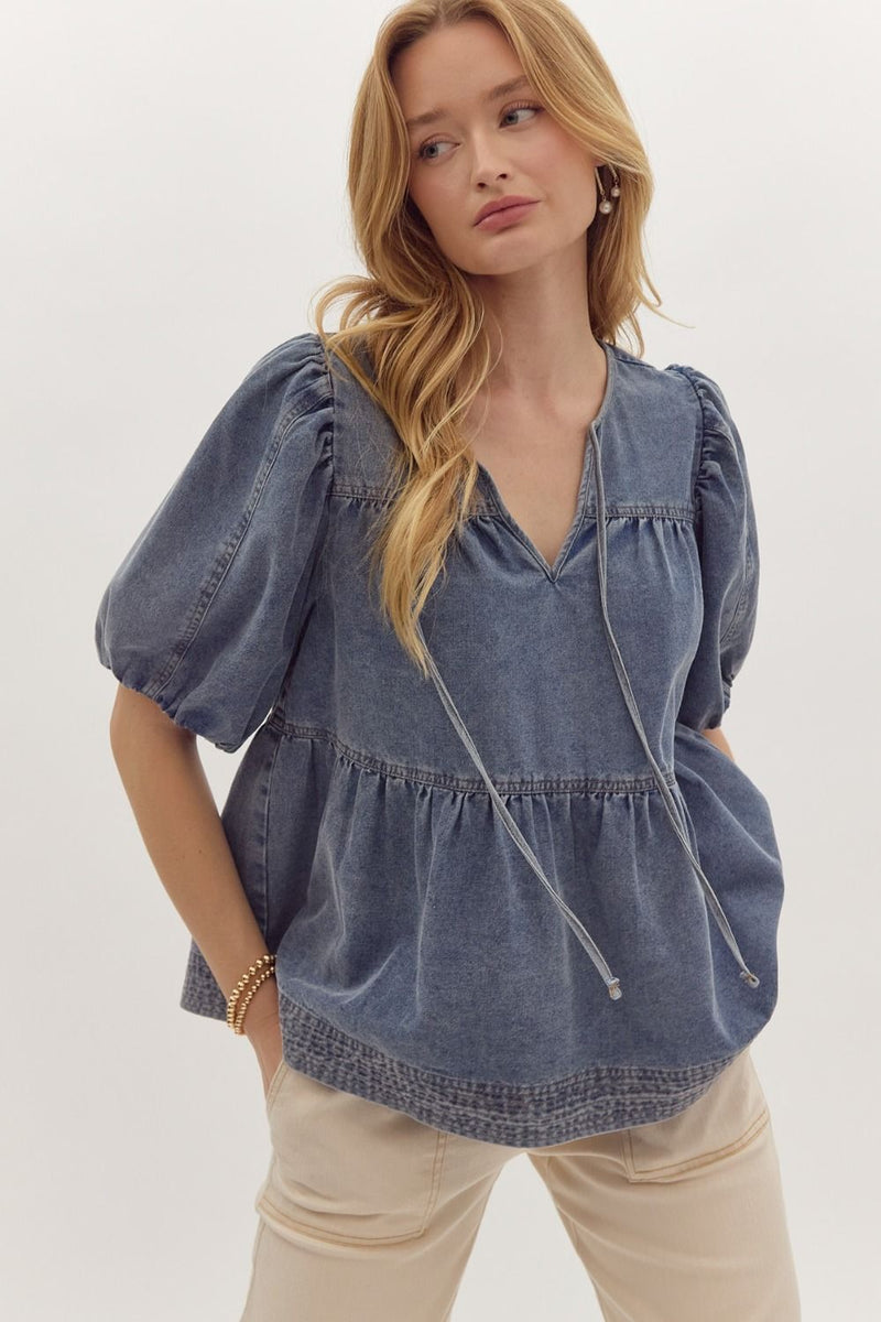 Entro Blue denim tiered babydoll top