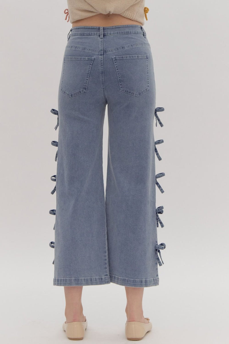 Bow Trimmed Blue Denim Pants