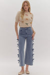 Entro Blue cropped denim pants with bow tie trim down the sides