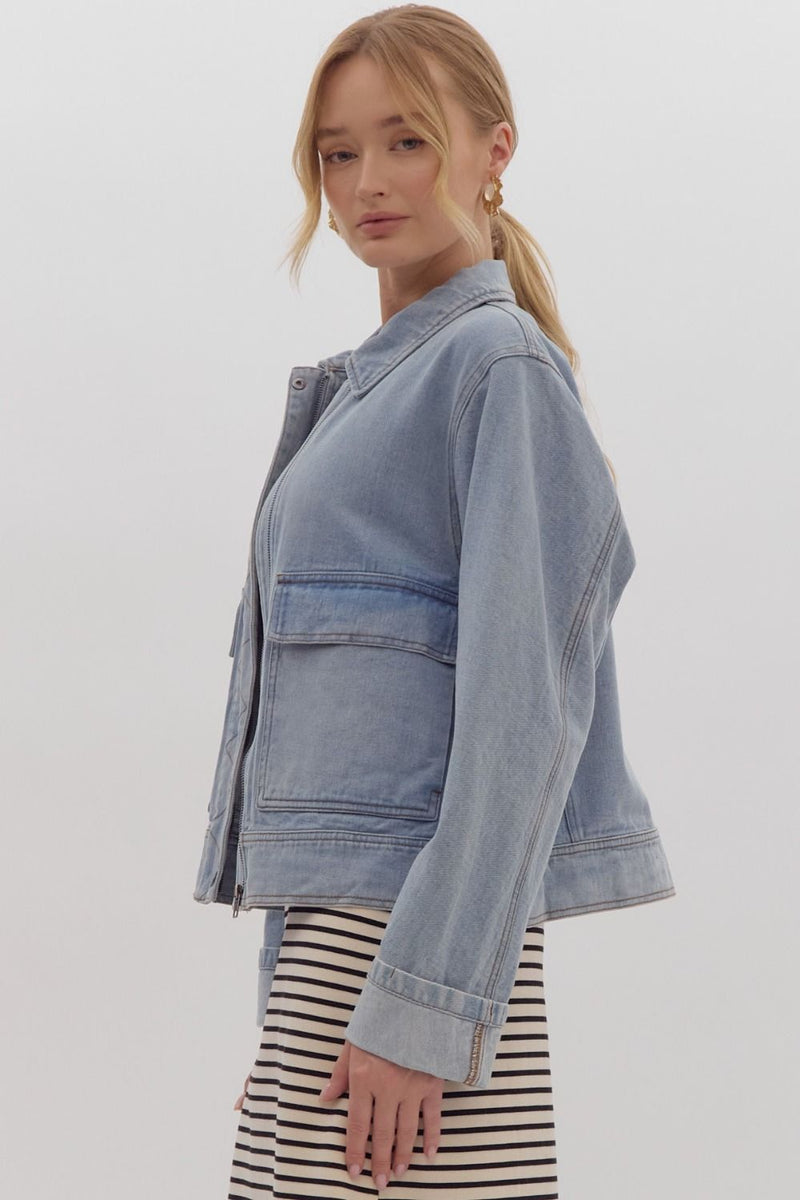 Entro Blue denim slightly cropped zip front jacket