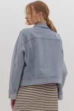 Entro Blue denim slightly cropped zip front jacket