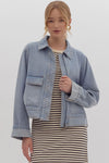 Entro Blue denim slightly cropped zip front jacket