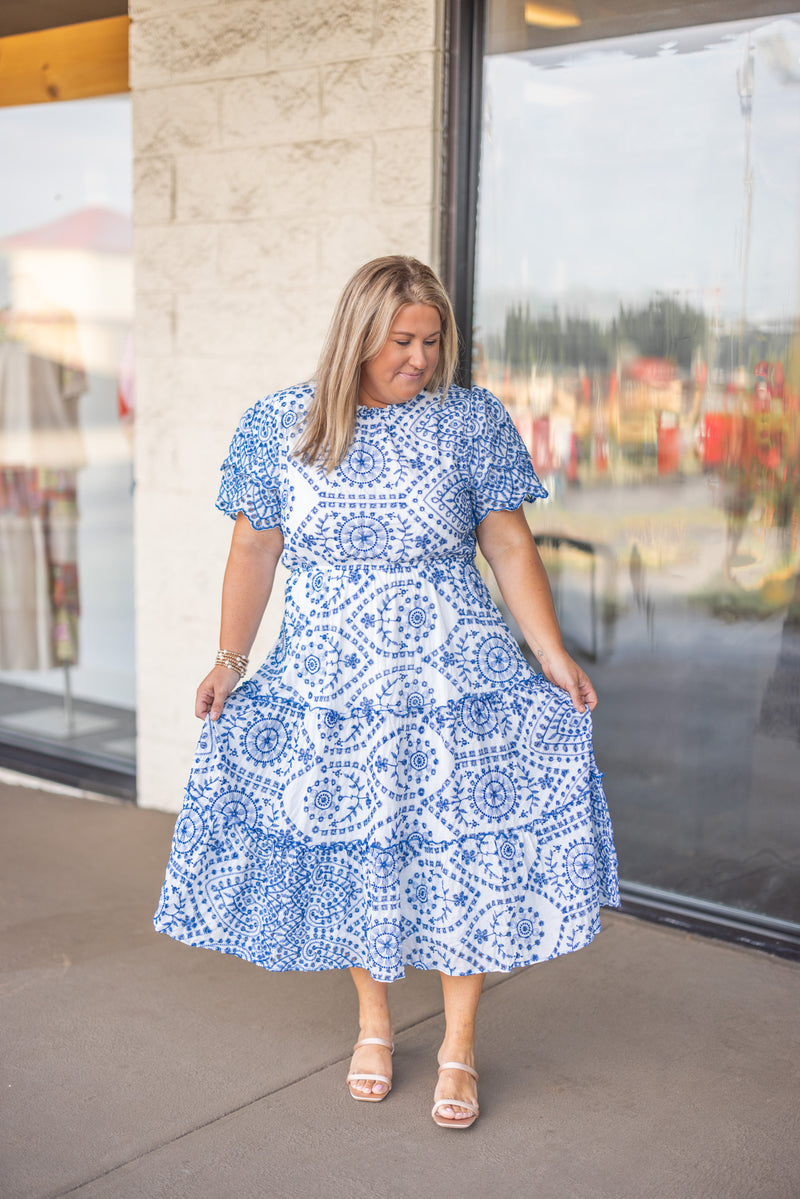 blue embroidered plus size midi dress