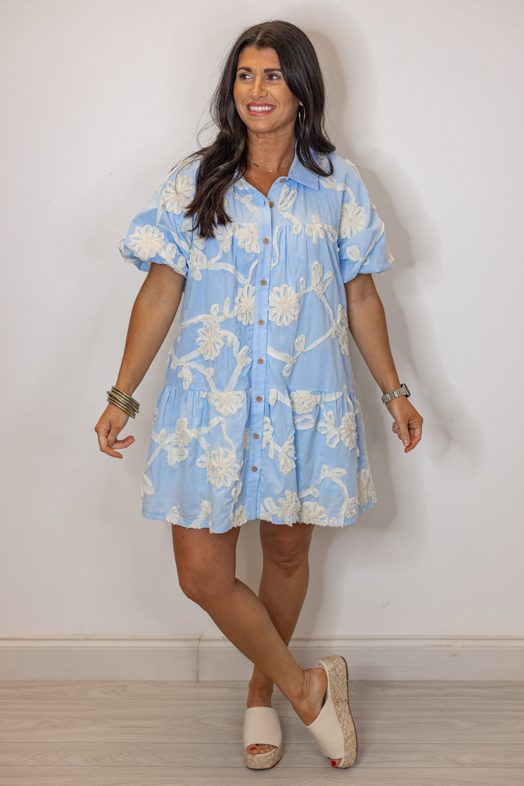 blue ivory floral applique babydoll dress