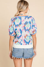 Jodifl Blue and off white multicolor geometric print short sleeve knit top