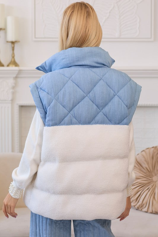 Main Strip Light blue quilted puffer vest with off white fleece colorblock