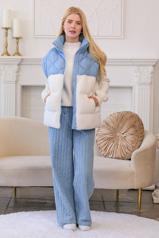 Main Strip Light blue quilted puffer vest with off white fleece colorblock