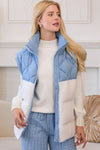 Main Strip Light blue quilted puffer vest with off white fleece colorblock