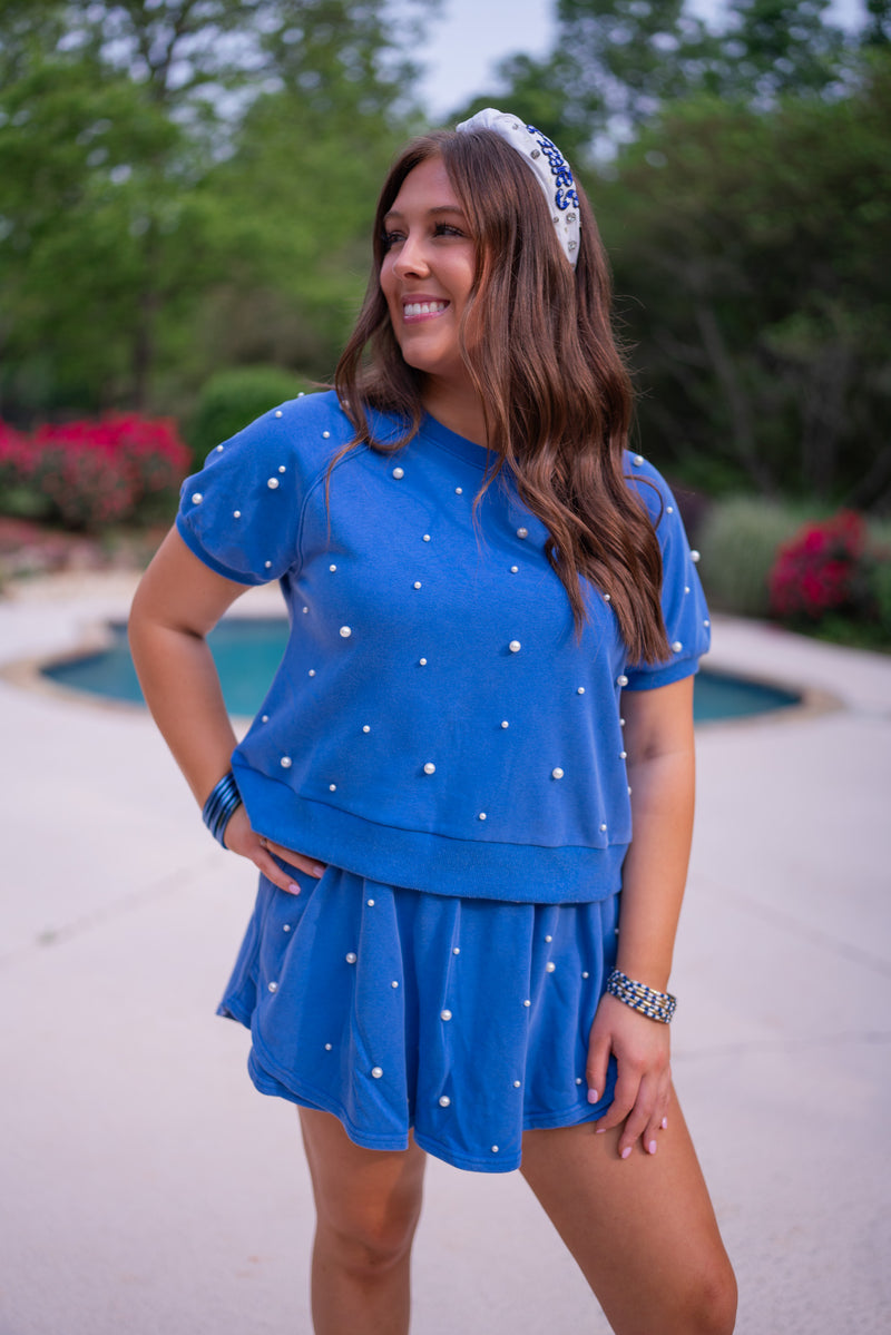 blue pearl terry knit matching skort set