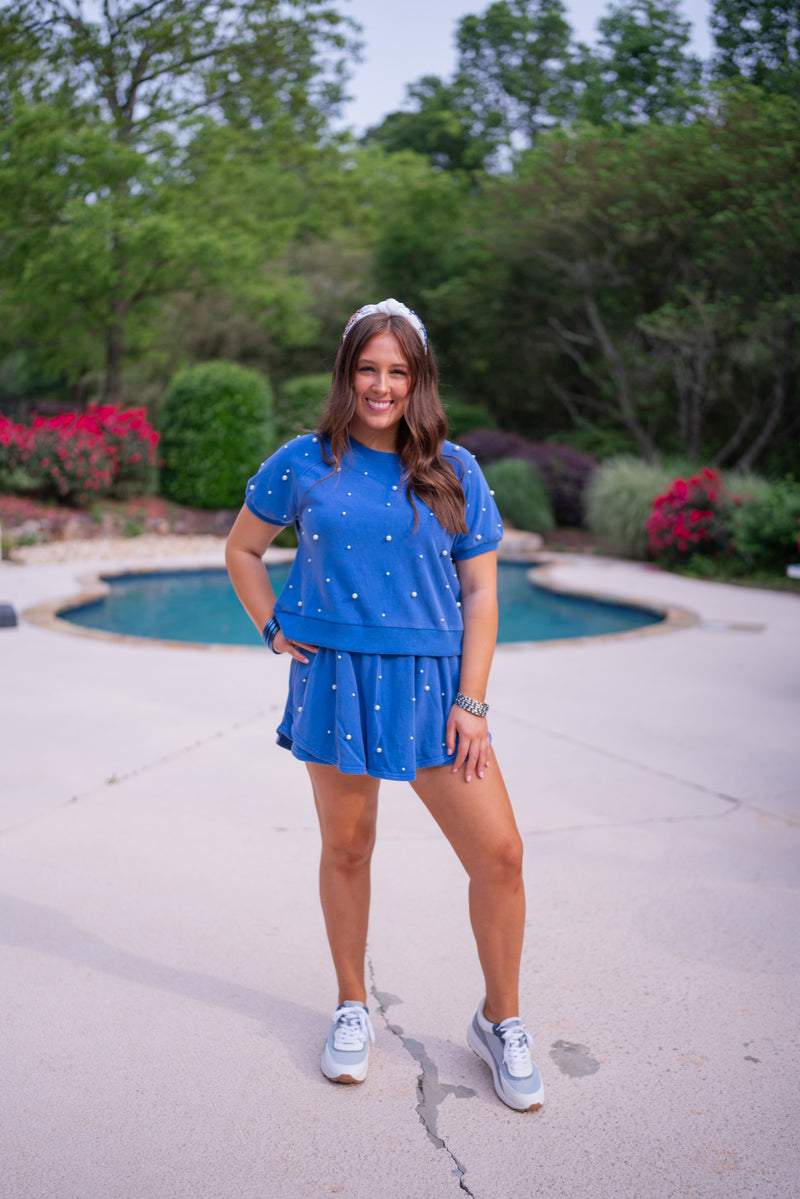 blue pearl terry knit matching skort set