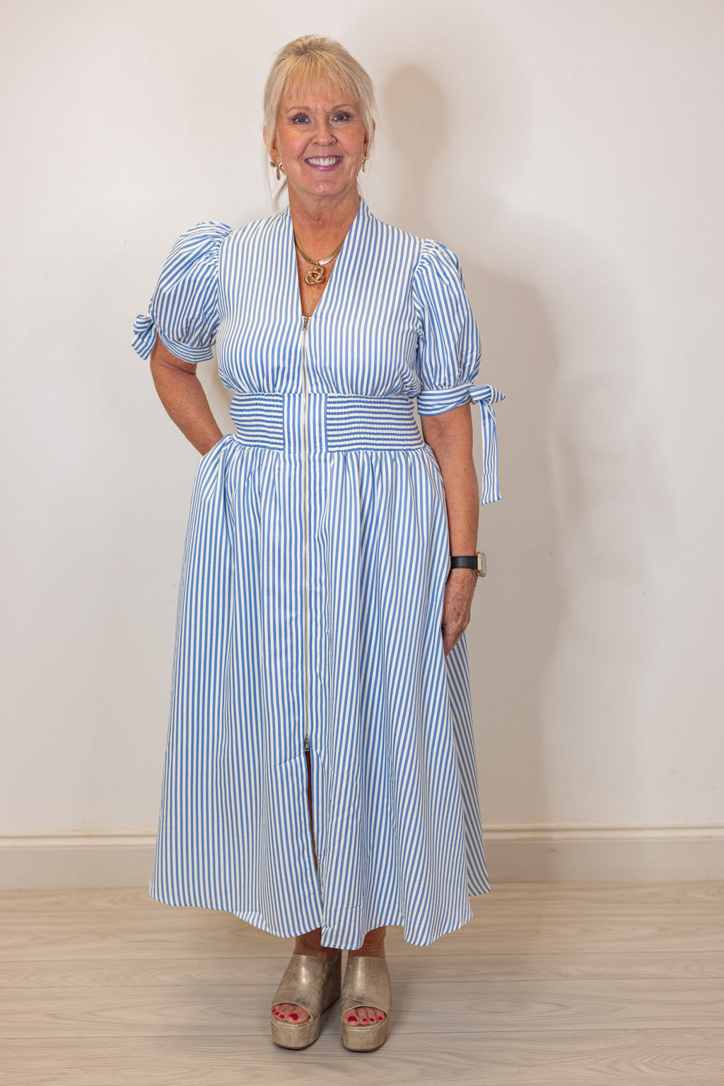 blue white stripe zip front midi dress