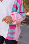 pink blue stripe color block pullover