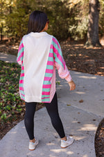 pink blue stripe color block pullover