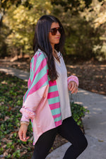 pink blue stripe color block pullover