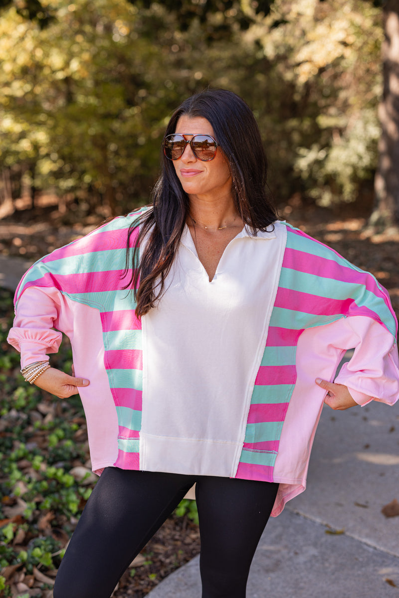 pink blue stripe color block pullover