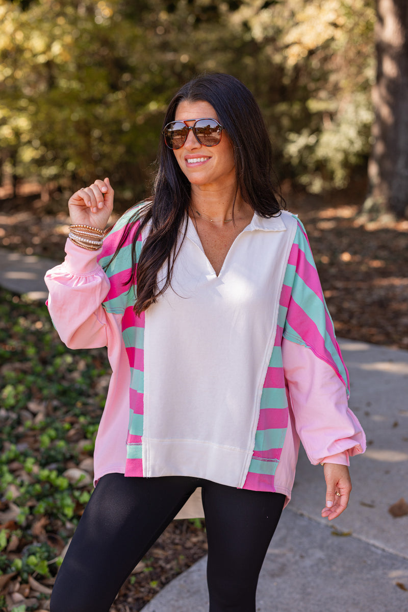 pink blue stripe color block pullover