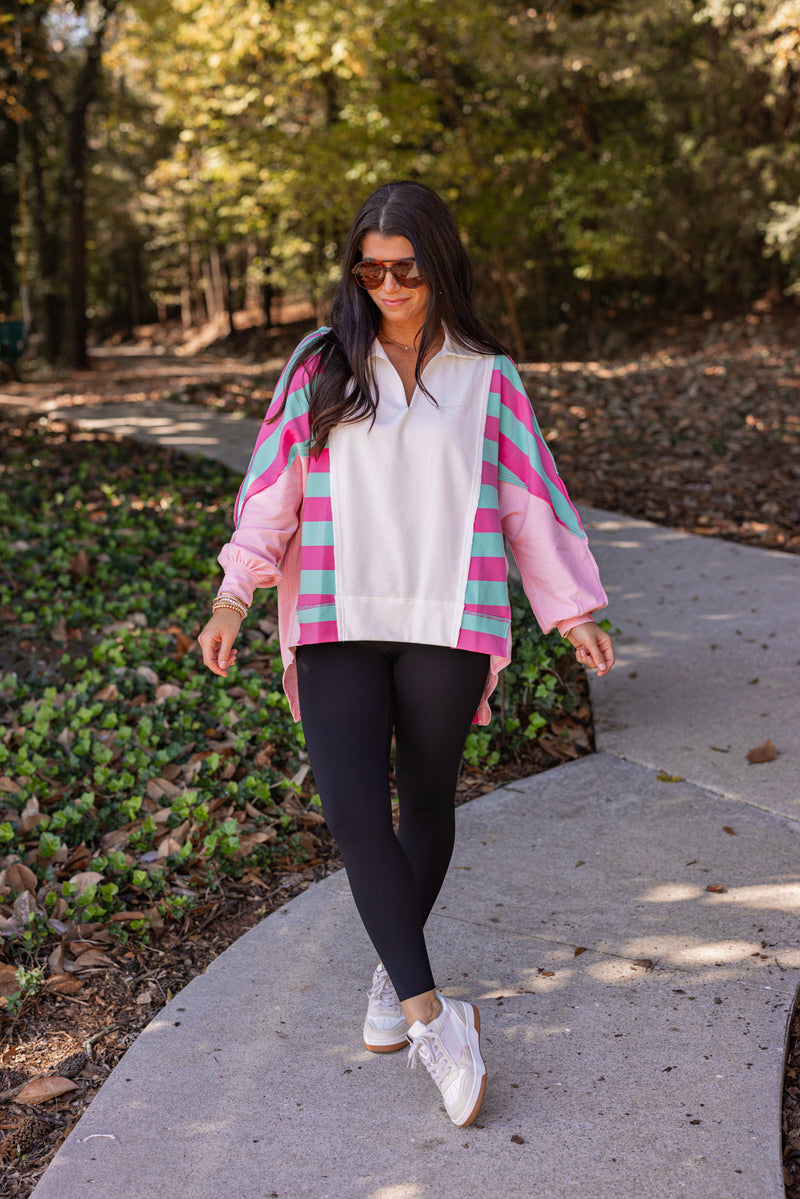 pink blue stripe color block pullover