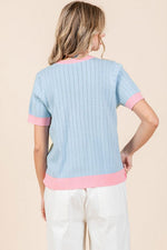 Jodifl Blue braided knit textured short sleeve top with pink trim