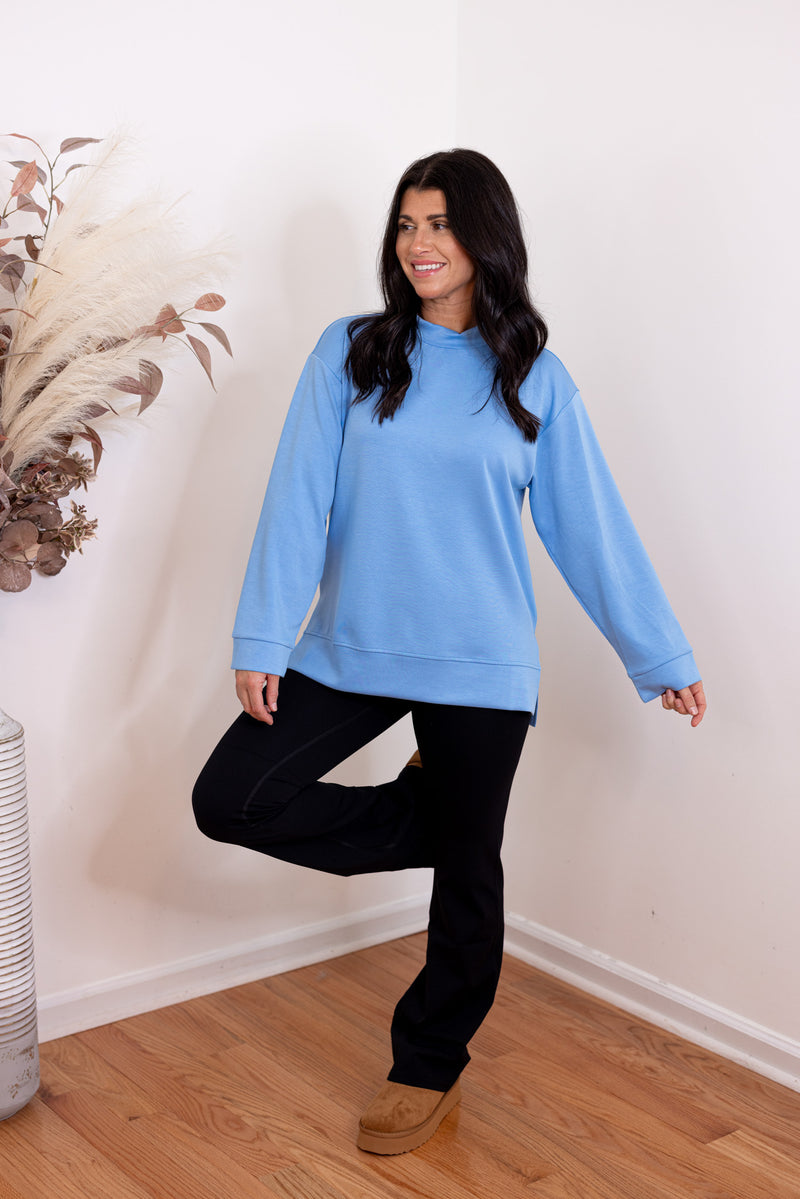 blue scuba knit mock neck pullover top