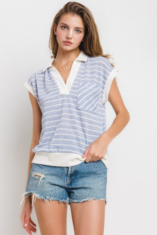 Ces Femme & Time After Time Blue and ivory striped top with collar in textured knit