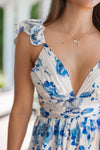 blue white chinoiserie satin maxi dress