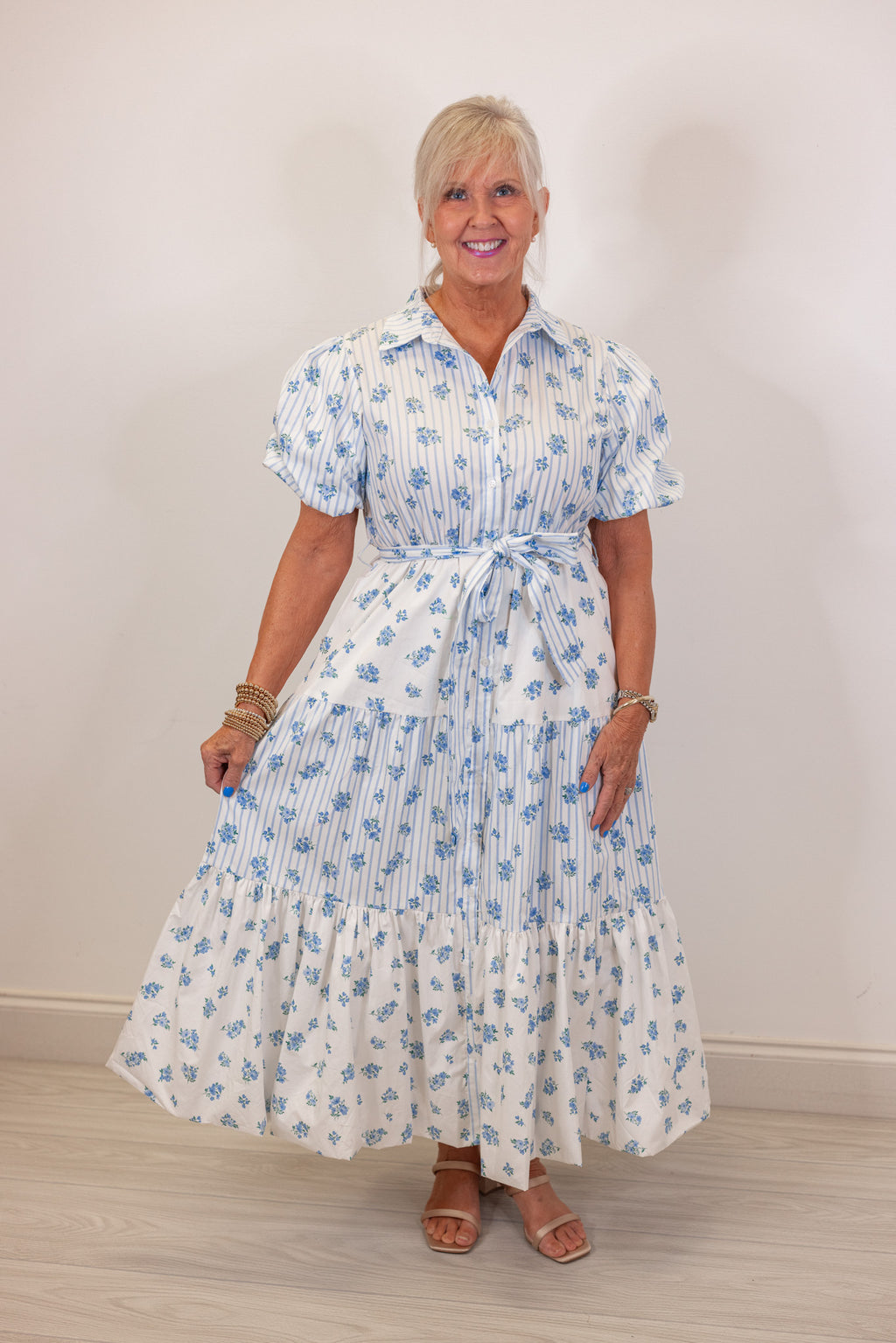 blue white floral stripe tiered midi dress