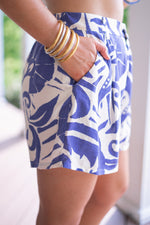 blue white printed linen shorts