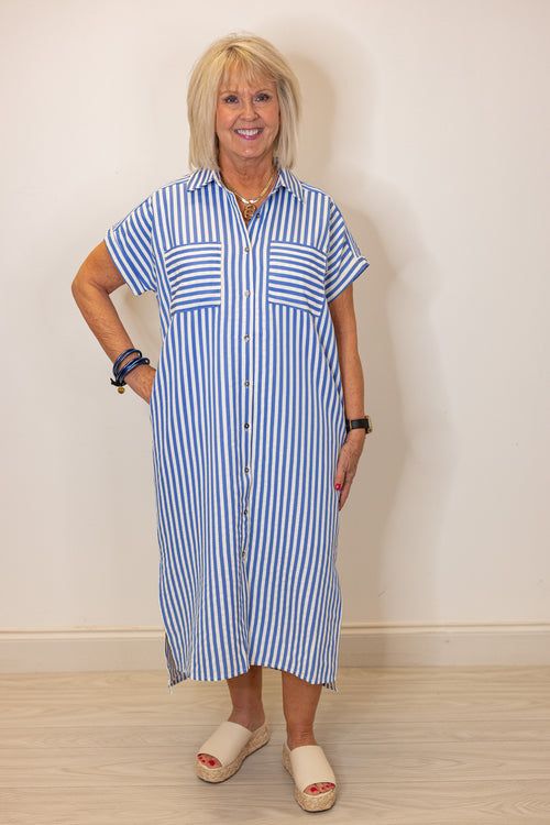 blue white stripe button front midi dress