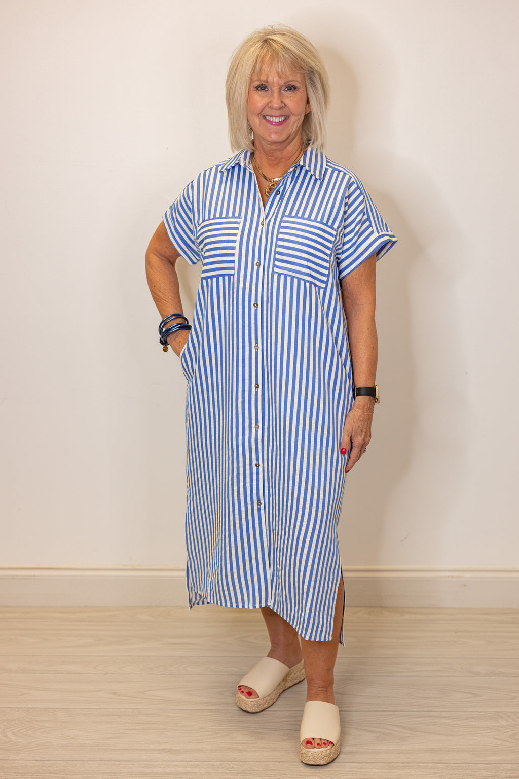 blue white stripe button front midi dress