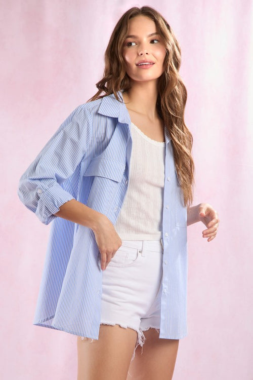 Peach Love California Blue and white striped button down top