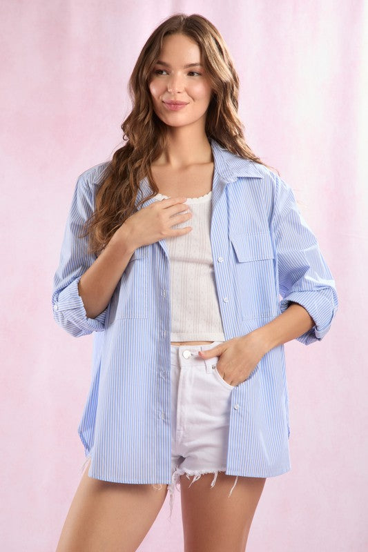 Peach Love California Blue and white striped button down top