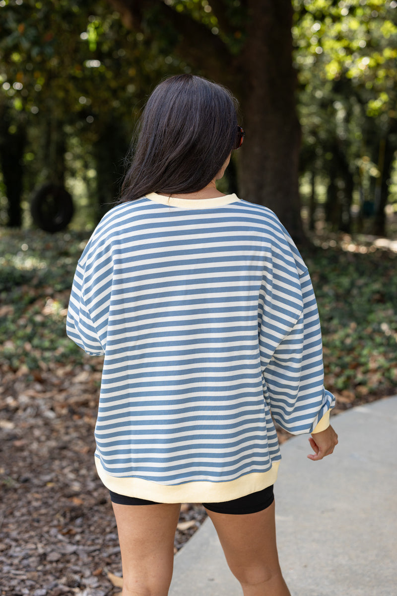 blue yellow striped crew pullover 