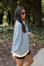 blue yellow striped crew pullover 