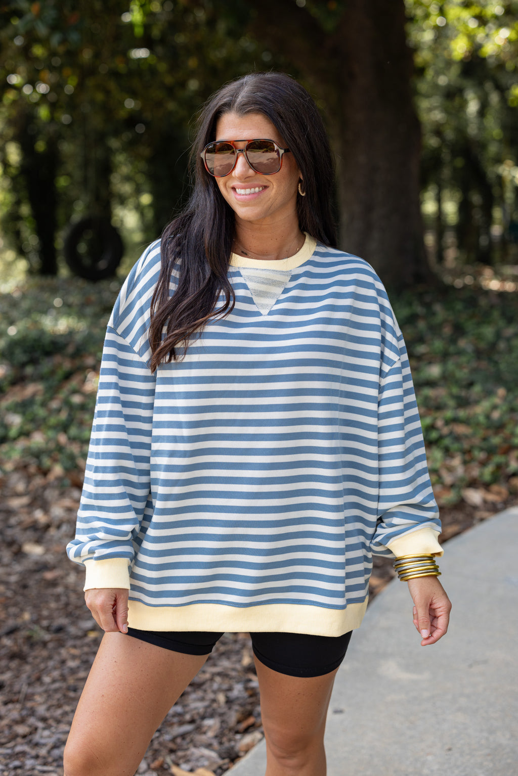 blue yellow striped crew pullover 