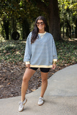 blue yellow striped crew pullover 