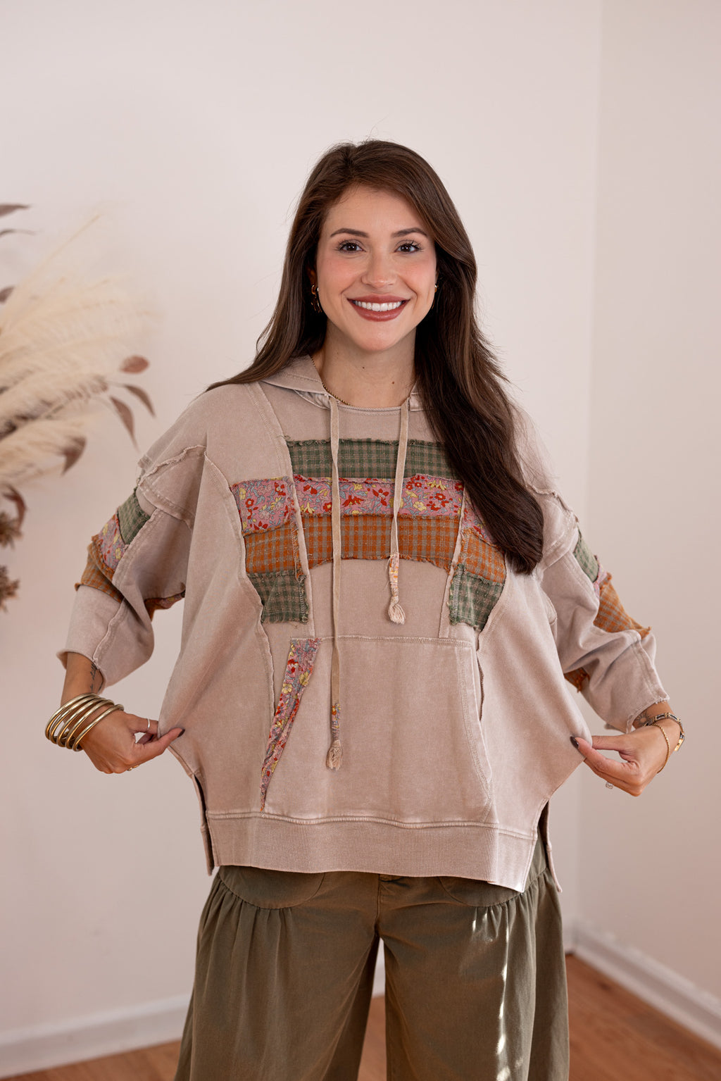 easel boho patchwork hooded top