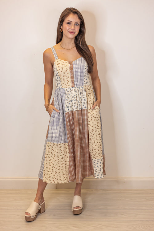 boho patchwork brown blue midi dress