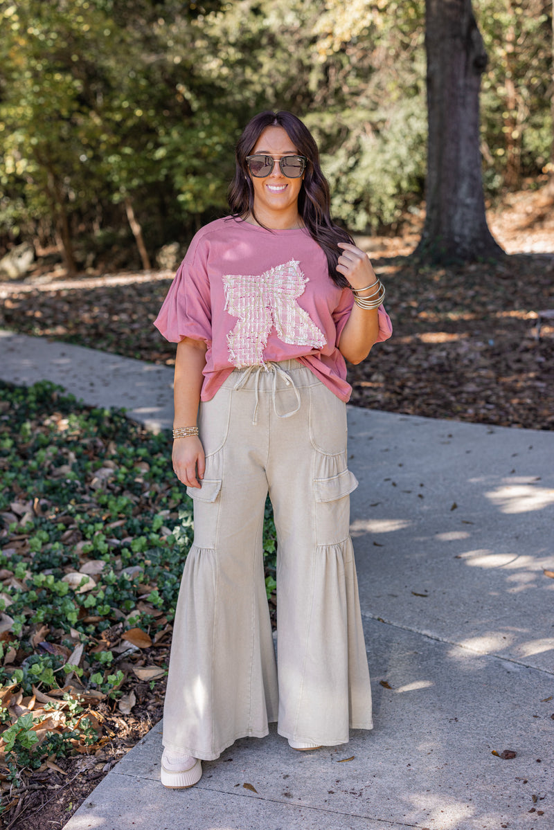 mauve bow tweed graphic tee top