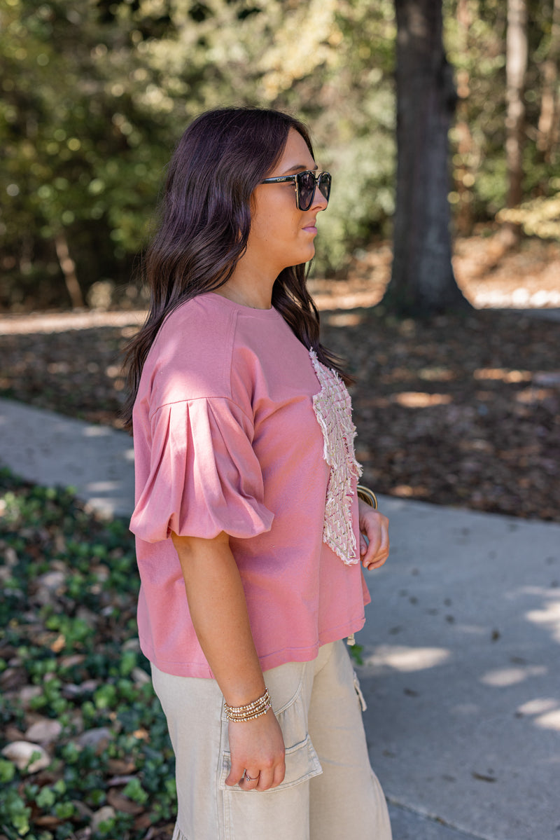 mauve bow tweed graphic tee top