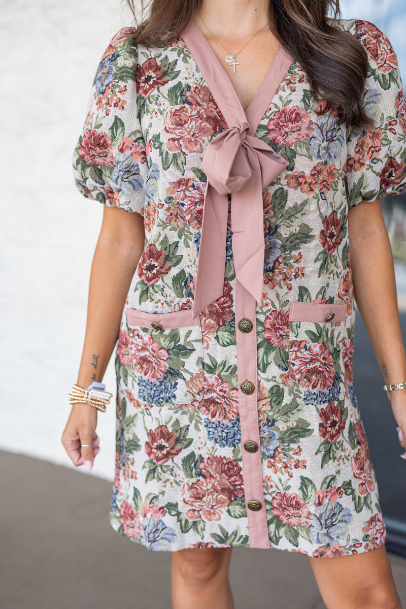 bow detail vintage floral shift dress