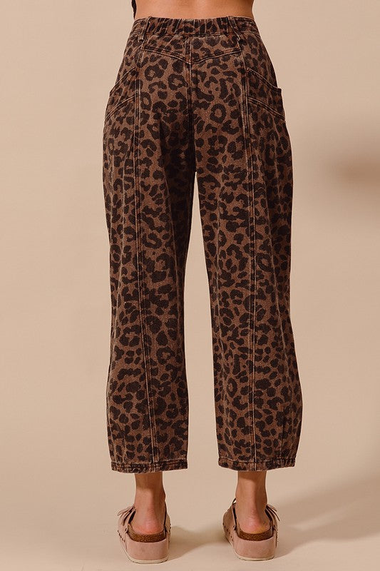 So Me Black and brown leopard print barrel leg cropped twill pants