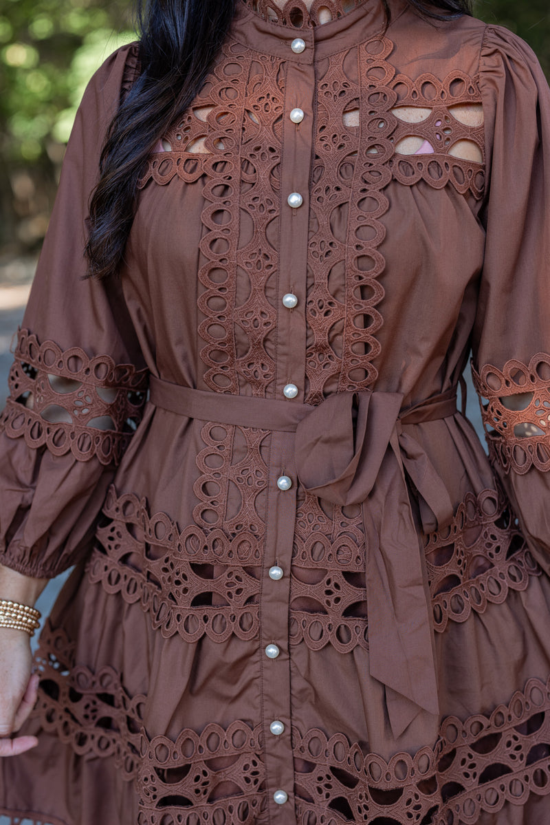 brown lace pearl button fall dress