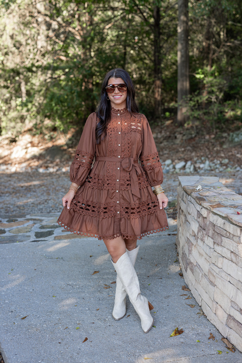 brown lace pearl button fall dress