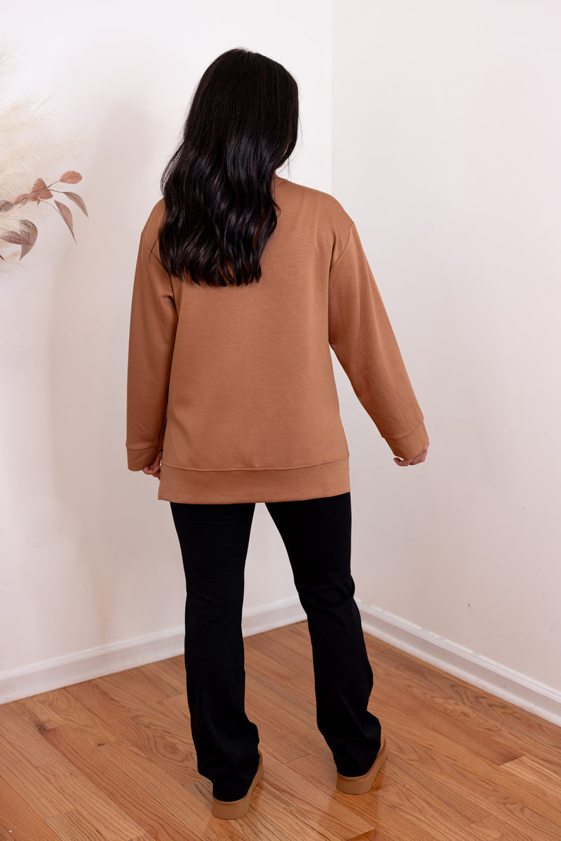 brown scuba mock neck pullover top