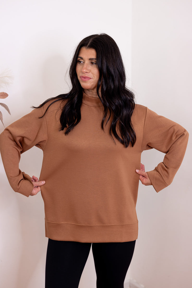 brown scuba mock neck pullover top