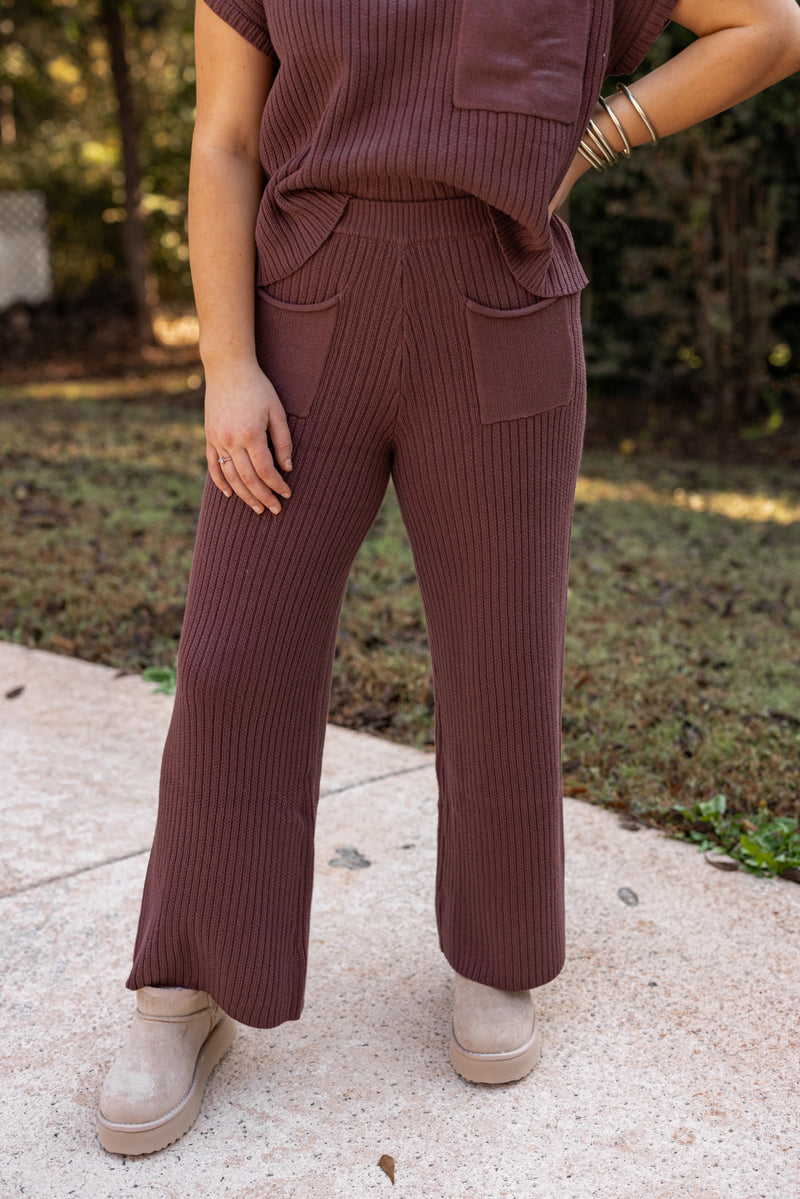 umgee brown sweater knit flare lounge pant